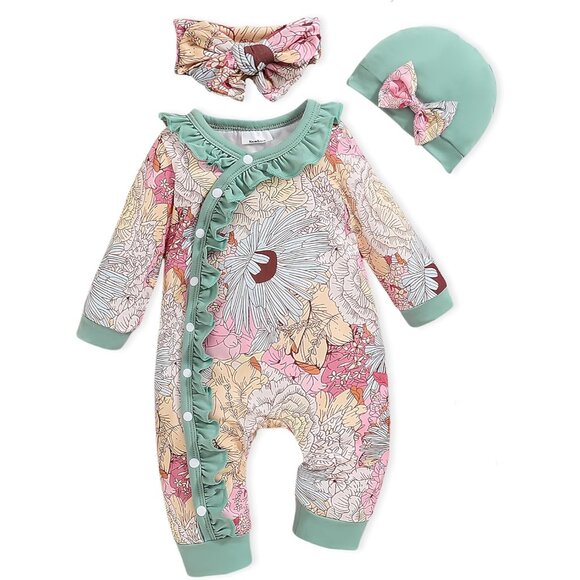 Newborn Baby Girl Green Clothes Infant Floral Print One Piece Romper Jumpsuit - Picture 1 of 6
